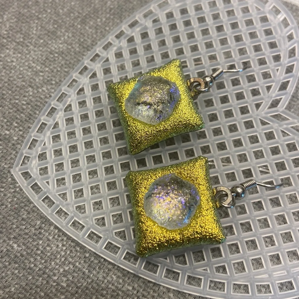 Handmade Gold and Silver Dochoic Fused Glass Dangle Earrings - Picture 2 of 3